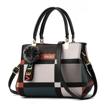 women’s black plaid crossbody tote bag with decor