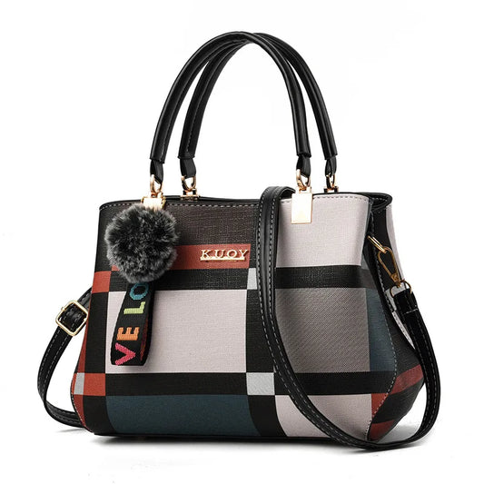 women’s black plaid crossbody tote bag with decor