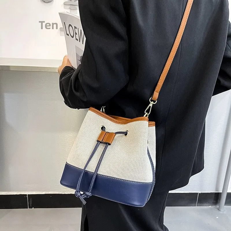 Blue Colour Block Canvas Bucket Bag