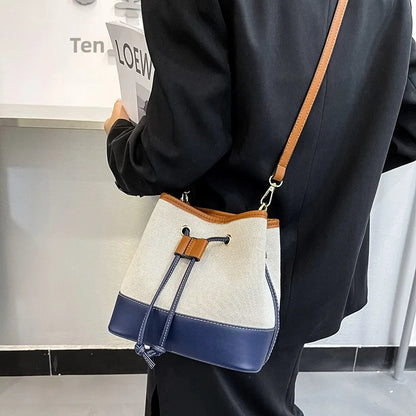Blue Colour Block Canvas Bucket Bag