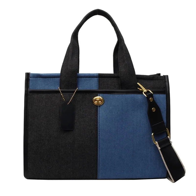 Deep Blue Denim Colour Block Tote Bag