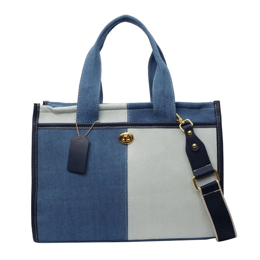 Light Blue Denim Colour Block Tote Bag